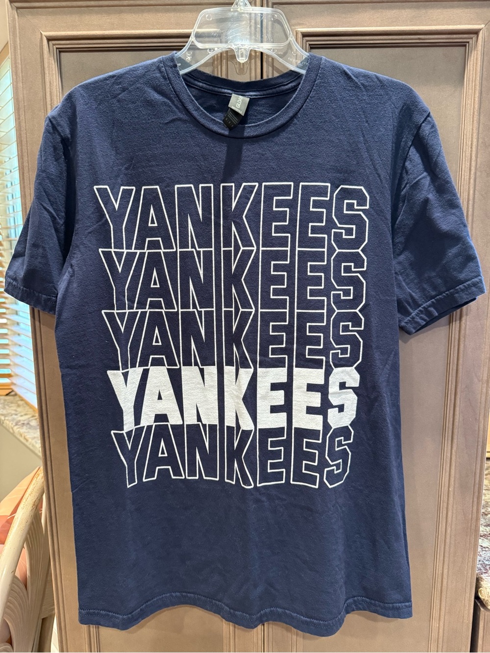 Gildan Medium Navy Blue Tee with White Repeating YANKEES Graphic